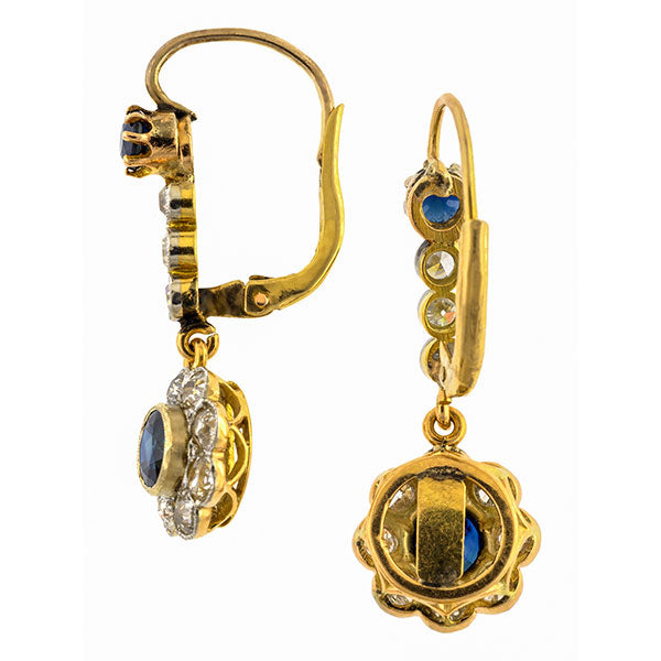 Antique Sapphire & Diamond Drop Earrings sold by Doyle & Doyle vintage and antique jewelry boutique.
