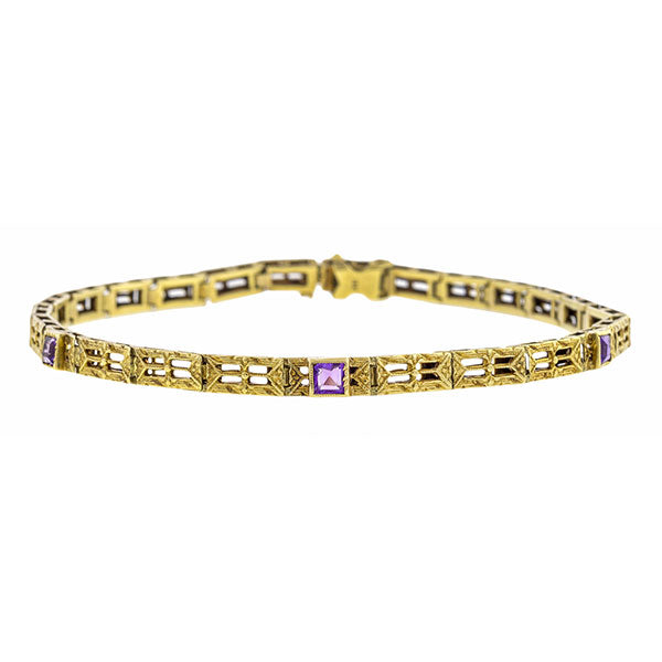Art Deco Engraved Amethyst Bracelet sold by Doyle & Doyle vintage and antique jewelry boutique.