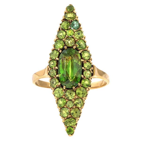 Victorian Demantoid Garnet Navette Ring sold by Doyle & Doyle vintage and antique jewelry boutique.