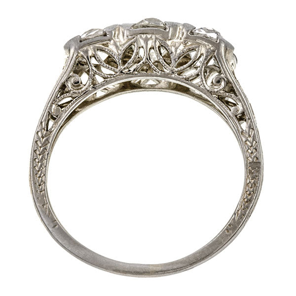 Art Deco ring: a Platinum Three Stone Diamond Engagement Ring sold by Doyle & Doyle vintage and antique jewelry boutique.
