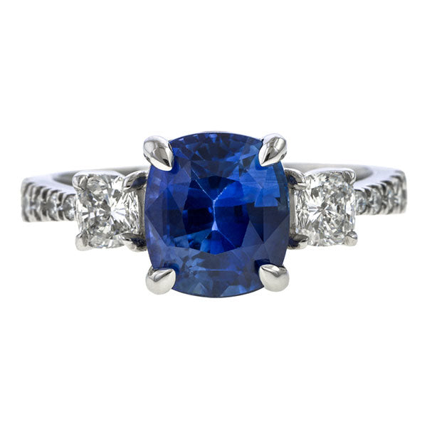 Sapphire & Diamond Ring, Cushion 3.24ct. sold by Doyle & Doyle vintage and antique jewelry boutique.