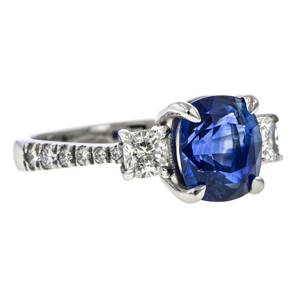 Sapphire & Diamond Ring, Cushion 3.24ct. sold by Doyle & Doyle vintage and antique jewelry boutique.