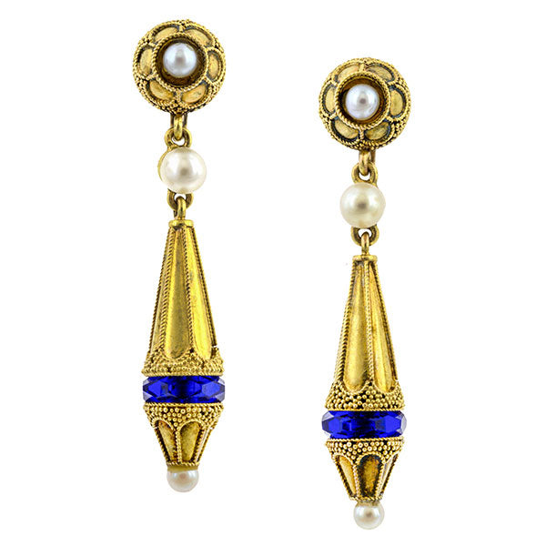 Victorian Etruscan Revival Pearl & Glass Drop Earrings sold by Doyle & Doyle vintage and antique jewelry boutique.