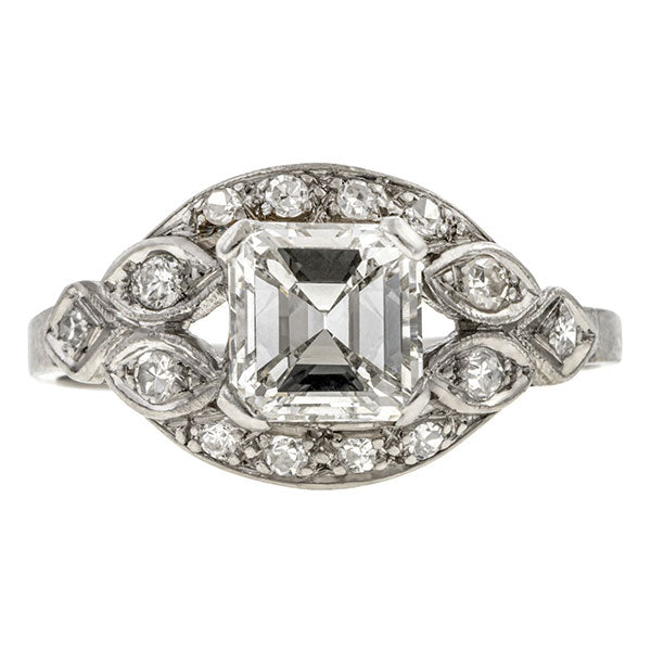 An Art Deco Asscher cut Diamond Engagement Ring in platinum sold by Doyle & Doyle an antique and vintage jewelry boutique.