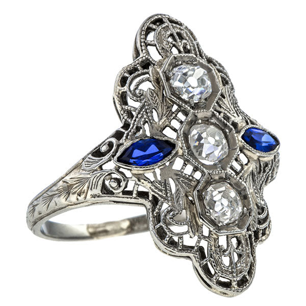 Art Deco Diamond & Sapphire Cocktail Ring sold by Doyle & Doyle vintage and antique jewelry boutique.