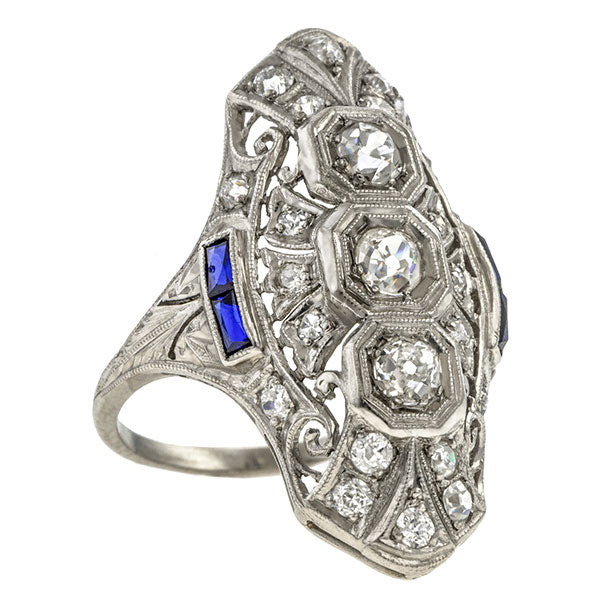 Art Deco Diamond & Sapphire Dinner Ring sold by Doyle & Doyle vintage and antique jewelry boutique.