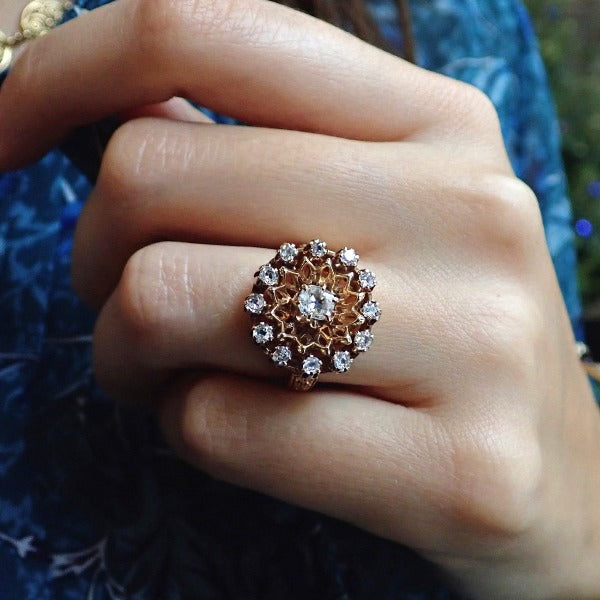 Vintage thirteen-diamond cluster ring 14k gold 