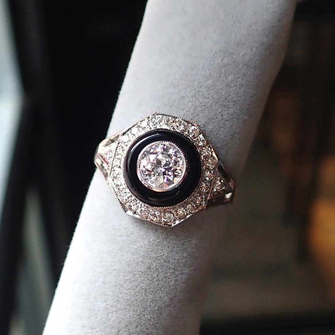 Estate Diamond & Onyx Engagement Ring, 0.51ct.