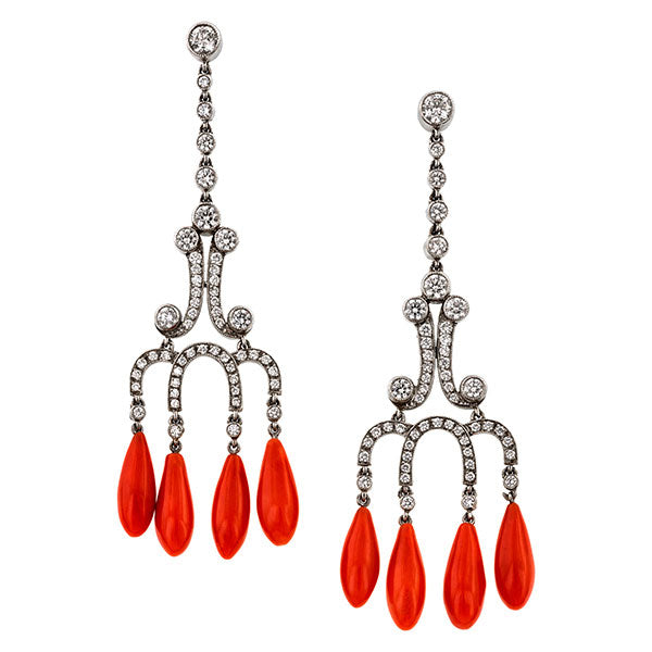 Coral & Diamond Drop Earrings sold by Doyle & Doyle vintage and antique jewelry boutique.