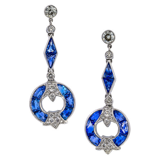 Sapphire & Diamond Drop Earrings sold by Doyle & Doyle vintage and antique jewelry boutique.
