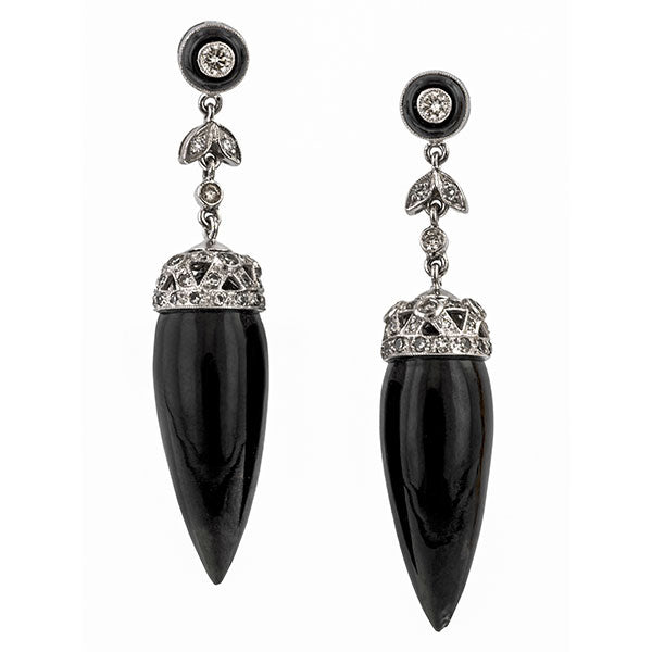 Black Onyx & Diamond Drop Earrings sold by Doyle & Doyle vintage and antique jewelry boutique.