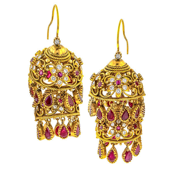 Vintage Indian Ruby & Diamond Earrings sold by Doyle & Doyle vintage and antique jewelry boutique.
