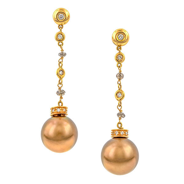 Estate Diamond & Chocolate Pearl Drop Earrings sold by Doyle & Doyle vintage and antique jewelry boutique.