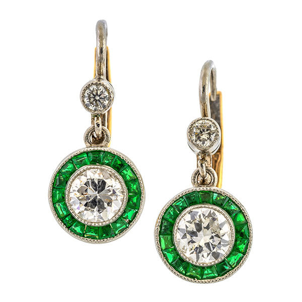 Diamond & Emerald Target Earrings sold by Doyle & Doyle vintage and antique jewelry boutique.