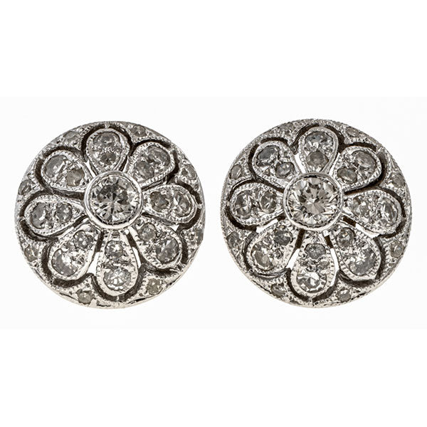 Filigree Diamond Button Earrings sold by Doyle & Doyle antique and vintage jewelry boutique.
