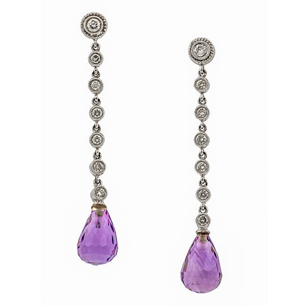 Diamond & Amethyst Briolette Drop Earrings sold by Doyle & Doyle vintage and antique jewelry boutique.