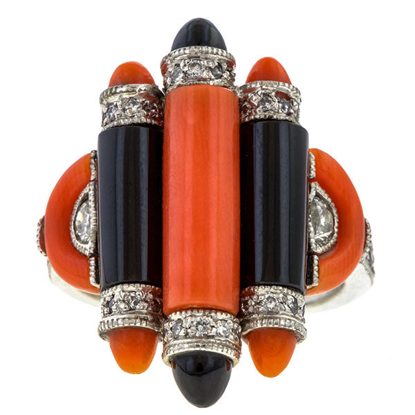 Art Deco Coral, Onyx & Diamond Ring sold by Doyle & Doyle vintage and antique jewelry boutique.