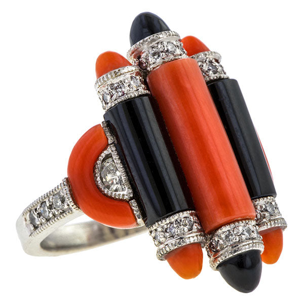 Art Deco Coral, Onyx & Diamond Ring sold by Doyle & Doyle vintage and antique jewelry boutique.