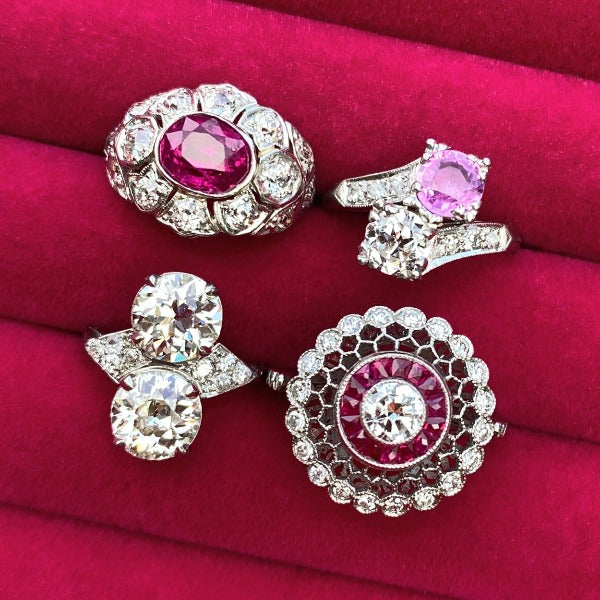 Vintage Twin Stone Ring, Pink Sapphire & Transition Round Brilliant Cut Diamond sold by Doyle & Doyle an antique & vintage jewelry boutique.