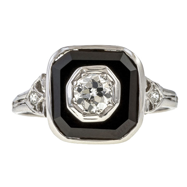 Art Deco Diamond & Onyx Ring, Old Euro 0.20ctw. sold by Doyle & Doyle vintage and antique jewelry boutique.