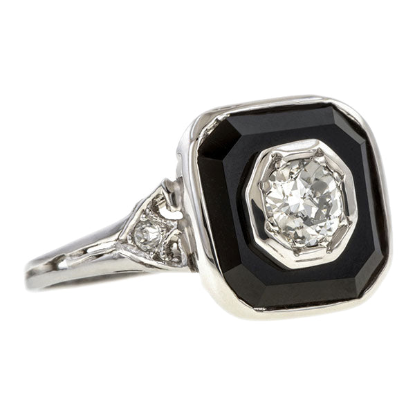 Art Deco Diamond & Onyx Ring, Old Euro 0.20ctw. sold by Doyle & Doyle vintage and antique jewelry boutique.