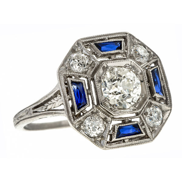 Art Deco Diamond & Sapphire Ring, 0.53ct. sold by Doyle & Doyle vintage and antique jewelry boutique.