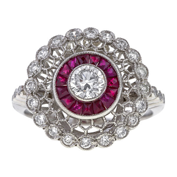 Filigree Diamond & Calibre Ruby sold by Doyle & Doyle vintage and antique jewelry boutique.