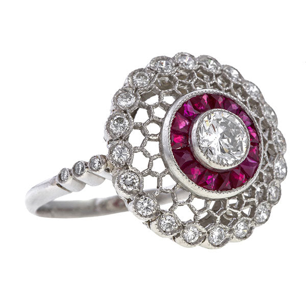 Filigree Diamond & Calibre Ruby sold by Doyle & Doyle vintage and antique jewelry boutique.