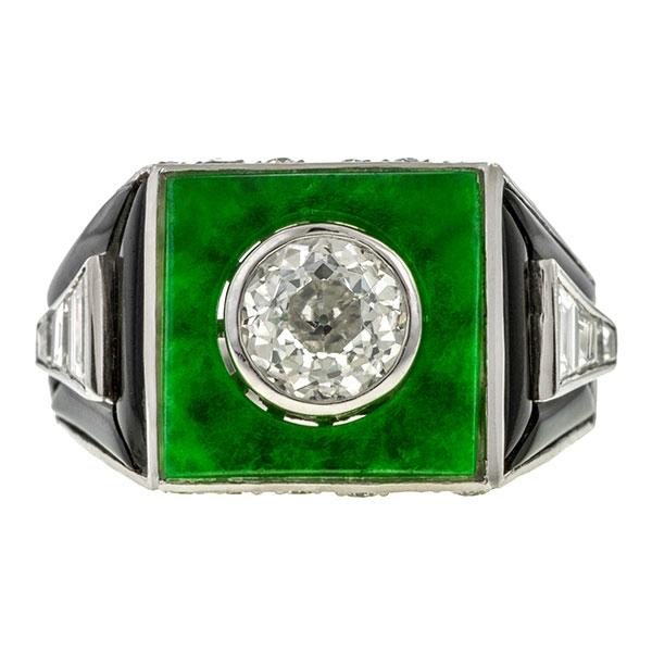 Art Deco Diamond, Jade & Onyx Ring, Old Euro 0.80ct. sold by Doyle & Doyle vintage and antique jewelry boutique.