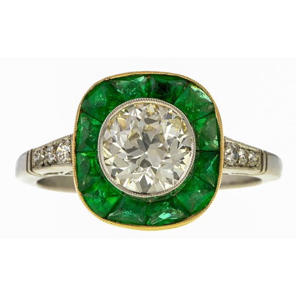 Old Euro Diamond & Emerald Engagement Ring, 1.41ct. sold by Doyle & Doyle a vintage and antique jewelry boutique.