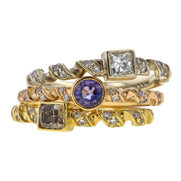 Estate Diamond, Brown Diamond & Purple Sapphire Stacking Rings sold by Doyle & Doyle vintage and antique jewelry boutique.