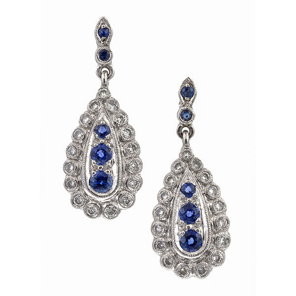 Vintage Sapphire & Diamond Drop Earrings sold by Doyle & Doyle vintage and antique jewelry boutique.