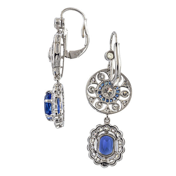 Vintage Sapphire & Diamond Drop Earrings sold by Doyle & Doyle an antique and vintage jewelry boutique.