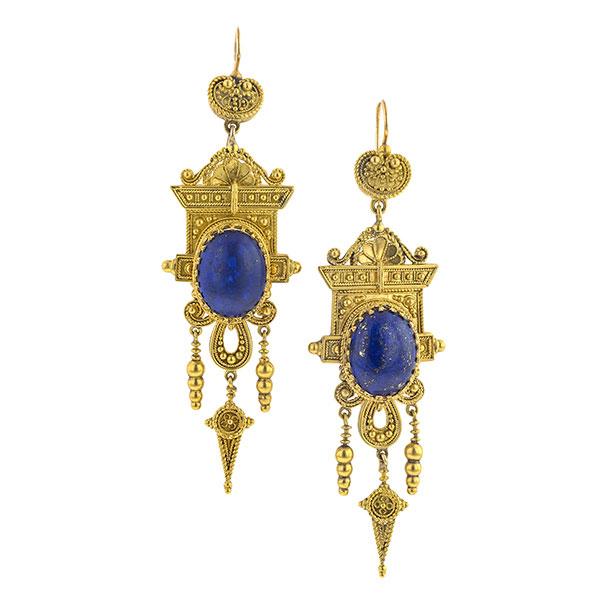 Victorian Etruscan Lapis Drop Earrings sold by Doyle & Doyle an antique & vintage jewelry boutique.
