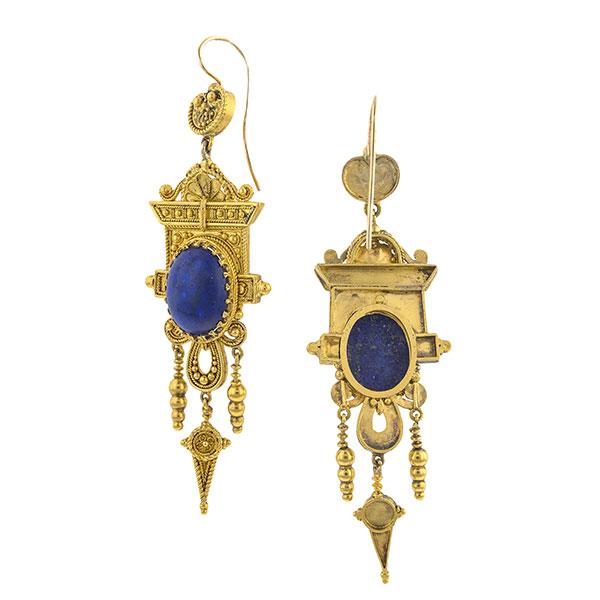Victorian Etruscan Lapis Drop Earrings sold by Doyle & Doyle an antique & vintage jewelry boutique.