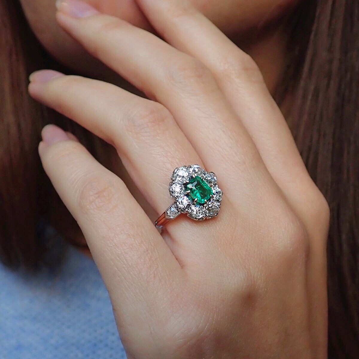 Victorian Emerald & Diamond Cluster Ring
