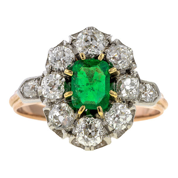 Victorian Emerald & Diamond Cluster Ring sold by Doyle & Doyle vintage and antique jewelry boutique.