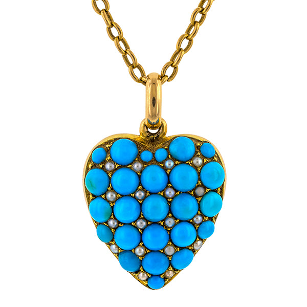 Victorian Turquoise & Pearl Heart Locket Pendant Necklace Victorian Turquoise & Pearl Heart Locket Pendant Necklace Victorian Turquoise & Pearl Heart Locket Pendant Necklace 