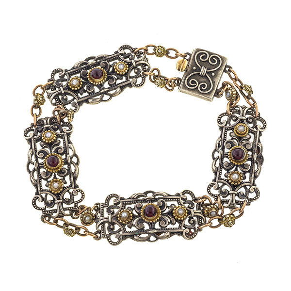 Victorian Garnet & Pearl Bracelet, Silver & Gold, sold by Doyle & Doyle an antique & vintage jewelry boutique.