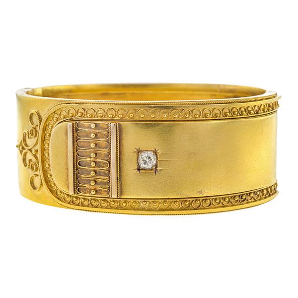 Victorian Etruscan Revival Diamond Bangle Bracelet sold by Doyle & Doyle an antique & vintage jewelry store.
