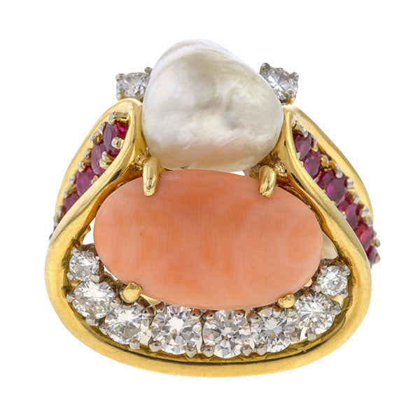 Vintage Coral, Pearl, Ruby & Diamond Ring
