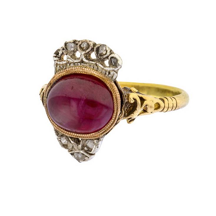 Antique Crowned Ruby & Diamond Ring sold by Doyle & Doyle a vintage and antique jewelry boutique.