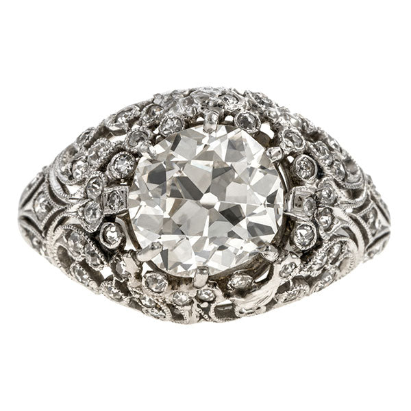 Edwardian Filigree Engagement Ring, Cushion 2.53ct. sold by Doyle & Doyle vintage and antique jewelry boutique.