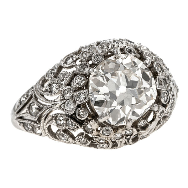 Edwardian Filigree Engagement Ring, Cushion 2.53ct. sold by Doyle & Doyle vintage and antique jewelry boutique.