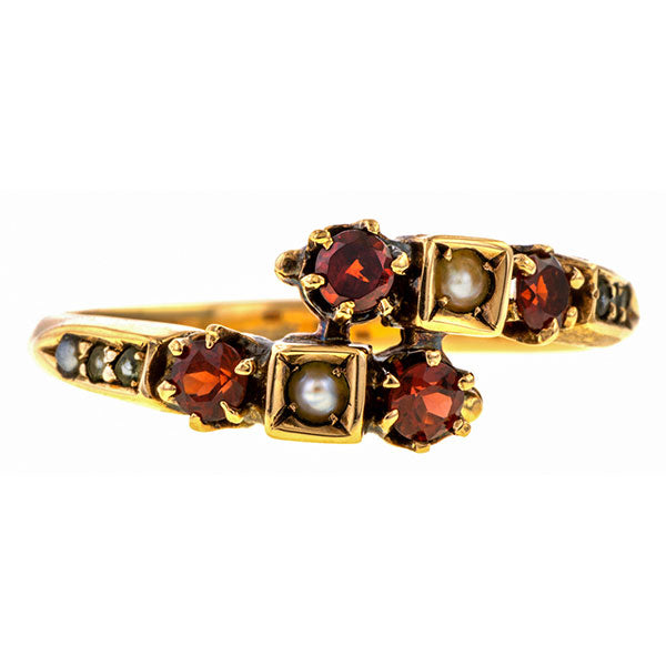 Vintage Garnet & Pearl Ring sold by Doyle & Doyle vintage and antique jewelry boutique.