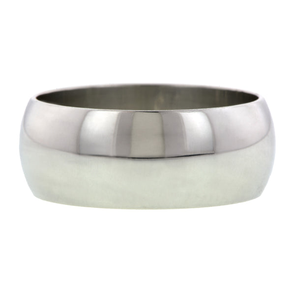 Contemporary ring: a Platinum 8mm Half Round Wedding Band sold by Doyle & Doyle vintage and antique jewelry boutique.