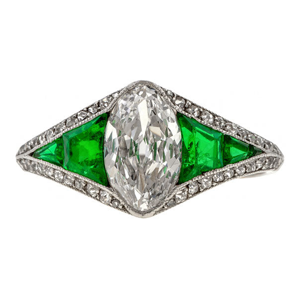 Art Deco Oval Brilliant Diamond & Emerald, 1.00ct. sold by Doyle & Doyle vintage and antique jewelry boutique.
