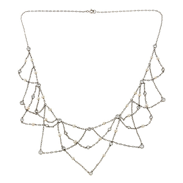 Vintage Diamond & Pearl Festoon Necklace sold by Doyle & Doyle an antique & vintage jewelry boutique.