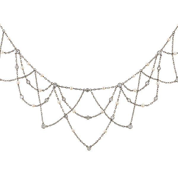 Vintage Diamond & Pearl Festoon Necklace sold by Doyle & Doyle an antique & vintage jewelry boutique.
