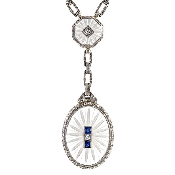 Art Deco Rock Crystal, Diamond & Sapphire Necklace sold by Doyle & Doyle an antique & vintage jewelry store.